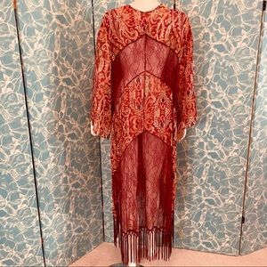 Burgundy tangerine paisley lace fringe trim kimono